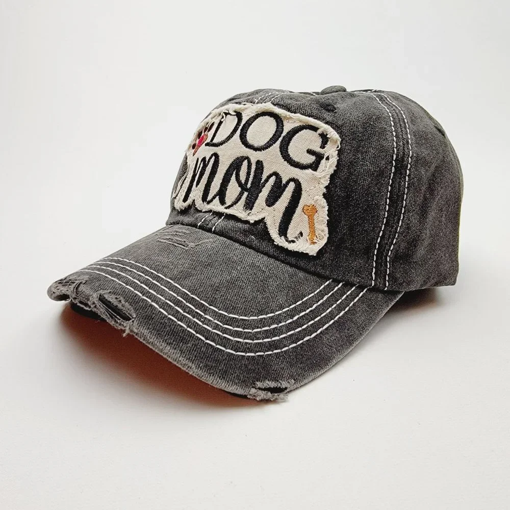 Dog Mom Distressed Relaxed Buckle Strap Full Cover Baseball Hat Cap Washed Black